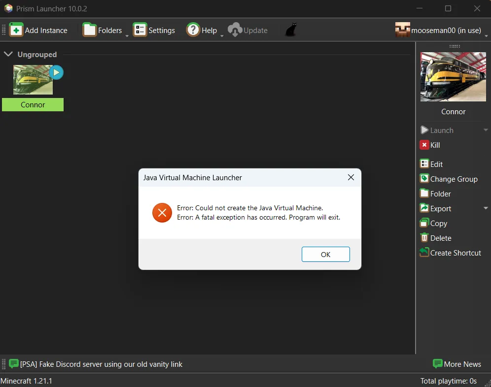 Java error in Prism Launcher